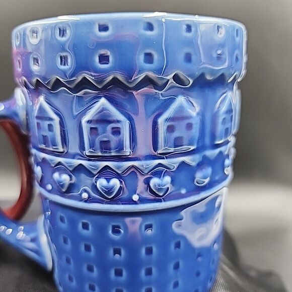 At Home International Heart House mugs Set of 2 Cranberry & Cobalt Blue 12-14 oz - Picture 4 of 9